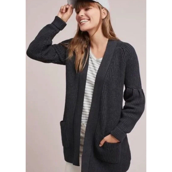 Anthropologie Knitted & Knotted Long Cardigan M Gray Wool Blend Cozy Chunky Fall - Picture 2 of 16